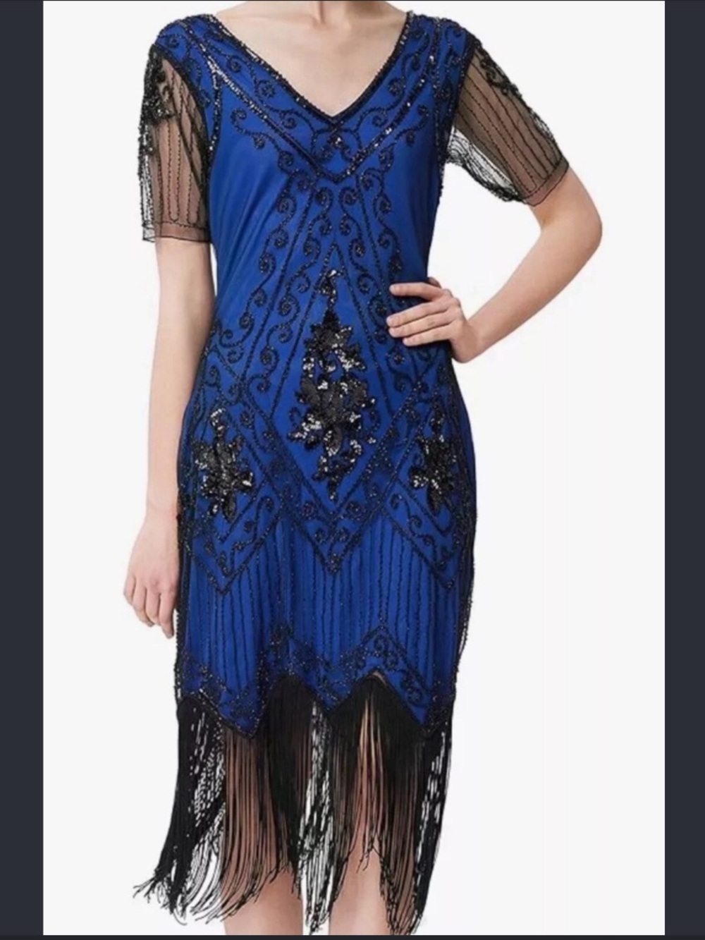 Vintage-Inspired Blue & Black Beaded Fringe Dress